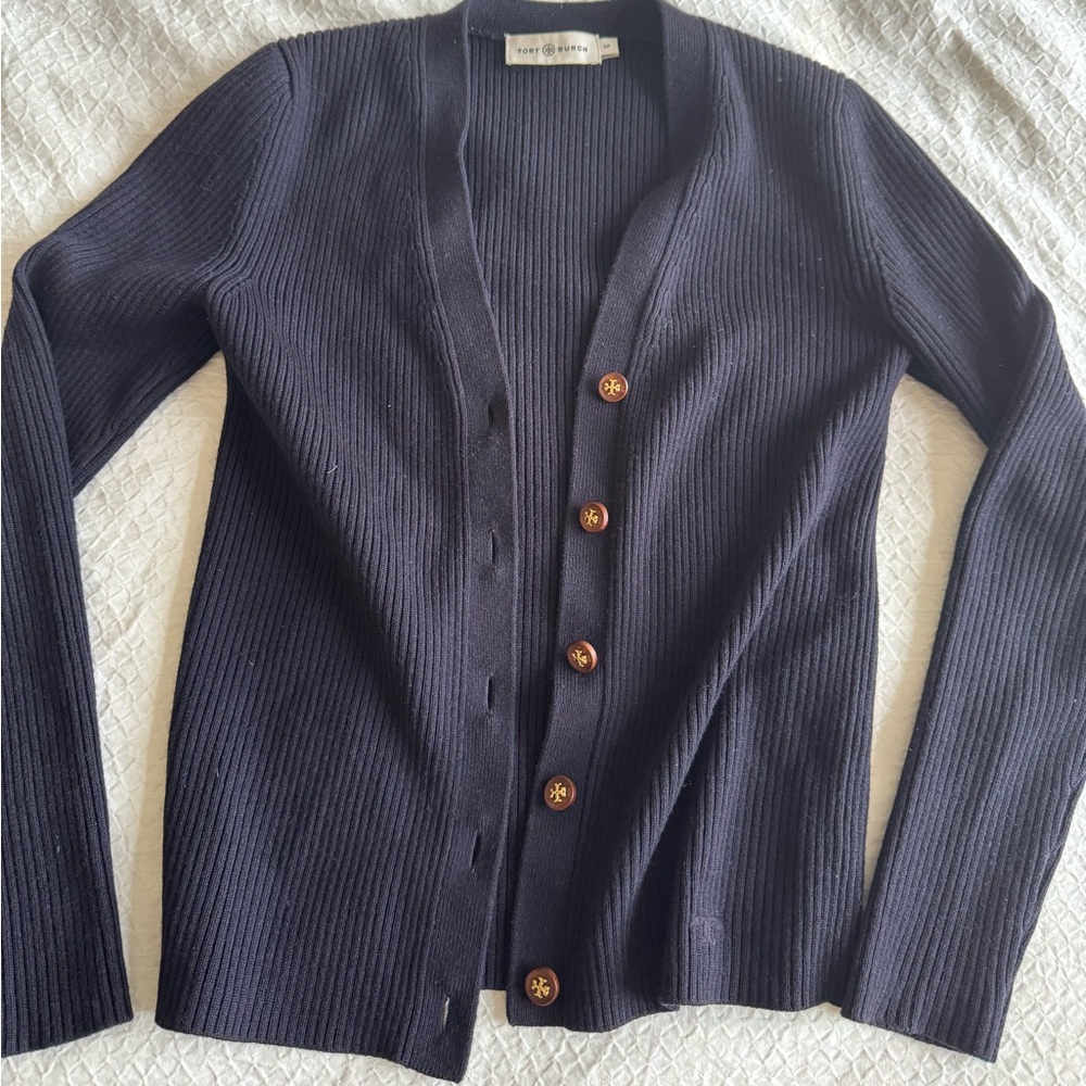 Tory Burch Blue Cardigan V-Neck Ribbed Knit